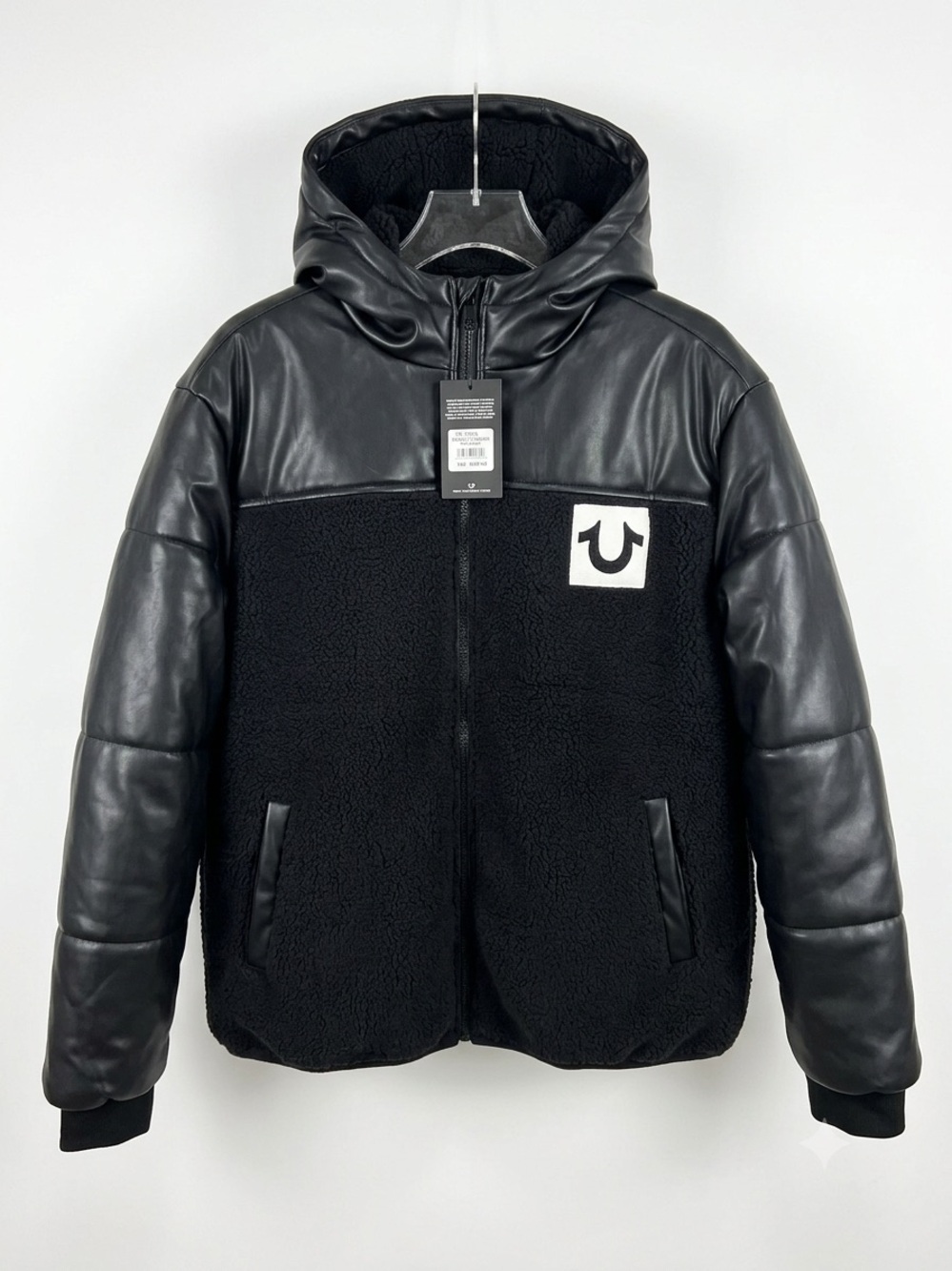 True Religion Mens Black Faux Leather & Sherpa Hooded Jacket